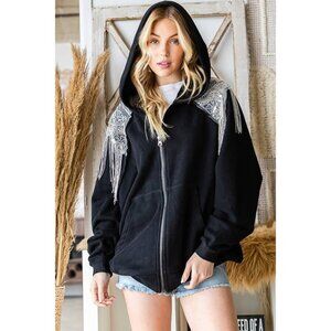 Oli & Hali Silver Sequin Fringed Hoodie Zip Up Sweatshirt Jacket Womens XL Black